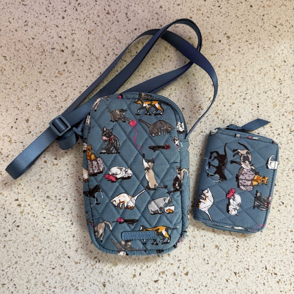 Quilted Cats Meow Print Crossbody Phone Bag and Card Case Set